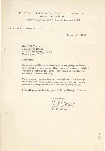 Letter from Thomas F. O'Neil to Bill Henry, January 5, 1955