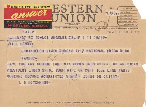 Telegram from Loyal Durand Hotchkiss to Bill Henry, July 11, 1949