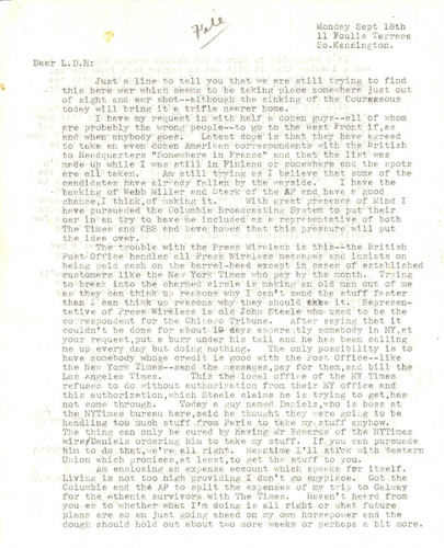 Letter to Loyal Durand Hotchkiss from Bill Henry, World War II, September 18, 1939