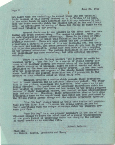 Memo from Robert LeBaron, June 24, 1957