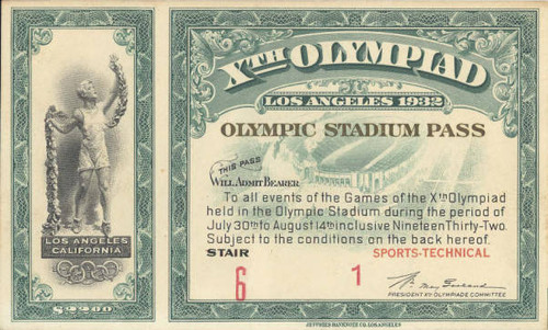 Stadium Pass, Games of the X Olympiad, Los Angeles