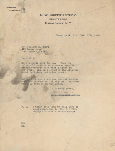 Letter from Harry Carr to Bill Henry, February 17, 1920