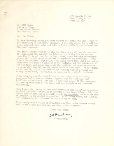 Letter from Los Angeles Times reader to Bill Henry, March 13, 1968