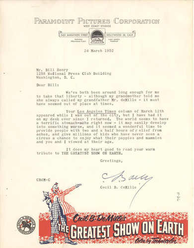 Letter from director Cecil B. DeMill to Bill Henry, March 24, 1952