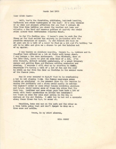 Letter to Harry Carr from Bill Henry, March 3, 1920