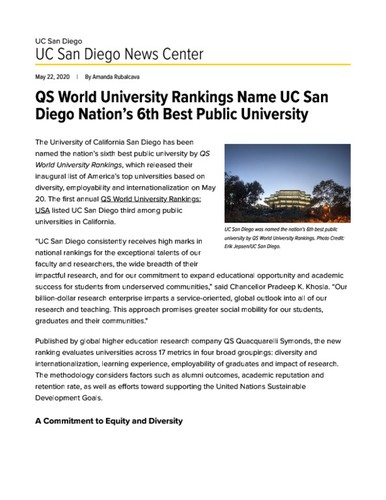UC San Diego Named 6th Best University in State by QS World University Rankings: USA