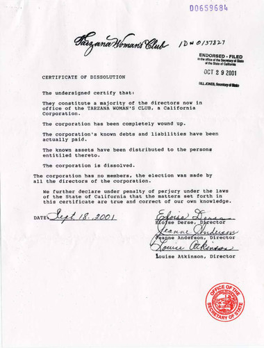 Tarzana Woman's Club certificate of dissolution, 2001
