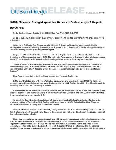 UCSD Molecular Biologist appointed University Professor by UC Regents