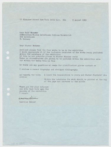 Untitled letter to Rolf Wedewer from Lawrence Weiner (Konzeption Conception)