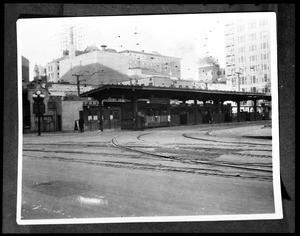 Exterior view of the Pacific Electric Hill Street station prior to 1924 reconstruction, ca.1920