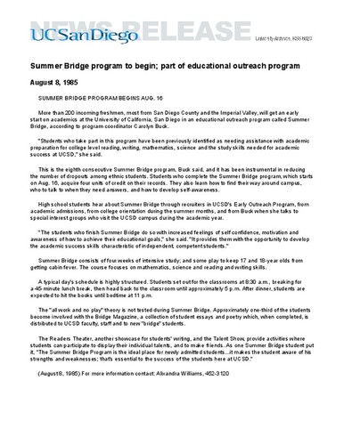 Summer Bridge program to begin; part of educational outreach program
