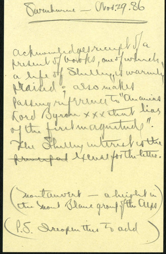 Perkins' summary of Swinburne letter dated 1886 November 29