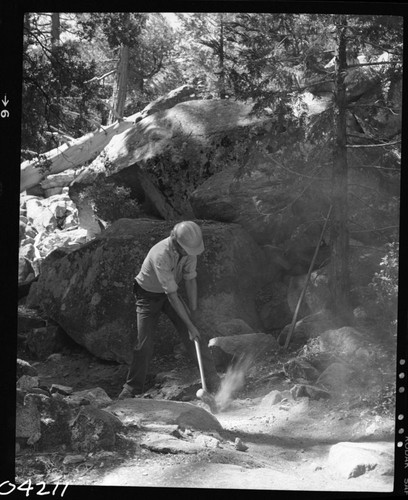 Construction, California Conservation Corps members working on Mist Falls Trail. Individual unidentified