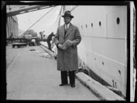 Dr. Olin Wannemaker as he arrives from China, San Pedro, 1933