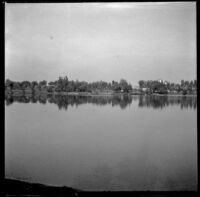 Lake in MacArthur (Westlake) Park with trees and houses in the distance, Los Angeles, about 1898