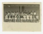 Group of Nisei 7th graders outside a barrack