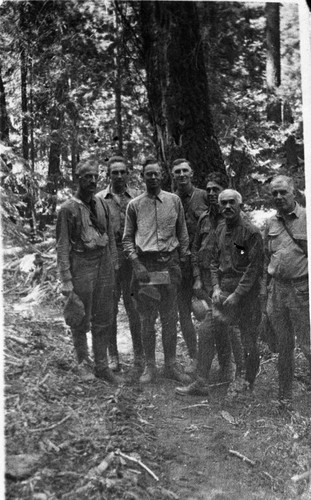 Misc. Groups, Party that decided route of Generals Highway up Deer Ridge. L to R: State Engineer, Captain Eidersky, frickstadt of Bureau of Public Roads, Col. White, Carl Keller, George Belden, Georg
