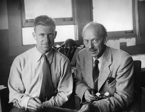 Walter Munk (left) with Harald Sverdrup in the George H. Scripps Memorial Marine Biological Laboratory building at Scripps Institution of Oceanography. Circa 1940