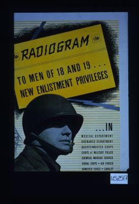 Radiogram. To men of 18 and 19 ... New enlistment priviledges ... in Medical Department, Ordnance Department, Quartermaster Crops, Corps of Military Police, Chemical Warfare Service, Signal Corps, Air Forces, Armored Force, Cavalry