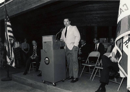 Art Anthony, Mayor of Irvine, speaking at the University Park Library's dedication, 1975