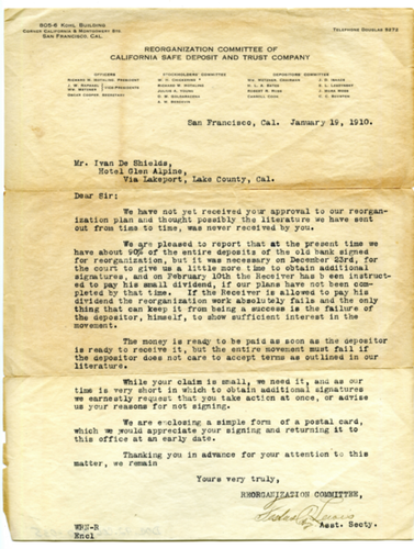 Letter from Festus Lewis to Ivan De Shields re: reorganization of deposits