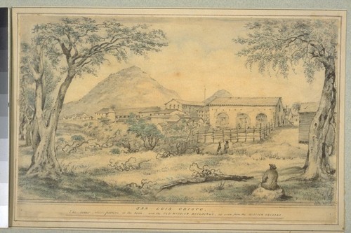 San Luis Obispo, the lower (older) portion of the town and the old mission buildings, as seen from the mission orchard. (cf. Vischer Pictorial p. 108, Vischer Missions no. 8)