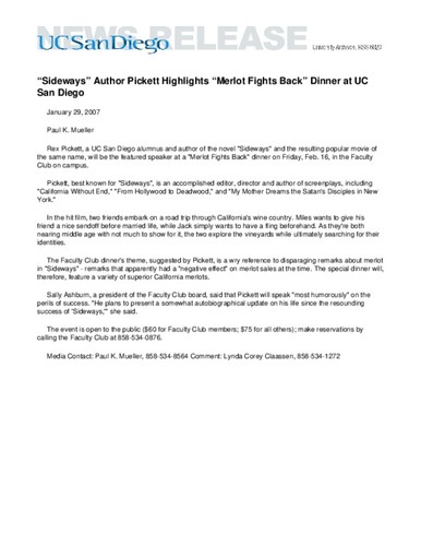 “Sideways” Author Pickett Highlights “Merlot Fights Back” Dinner at UC San Diego