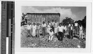 Mayas in front of chicle store house, Quintana Roo, Mexico, ca. 1947