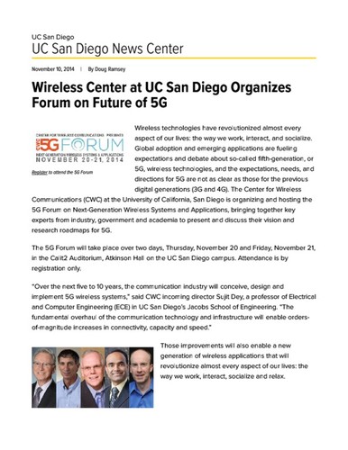 Wireless Center at UC San Diego Organizes Forum on Future of 5G