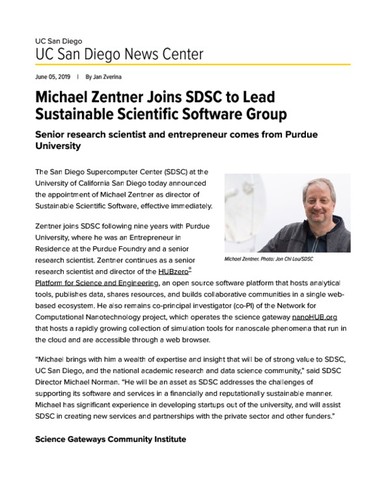 Michael Zentner Joins SDSC to Lead Sustainable Scientific Software Group