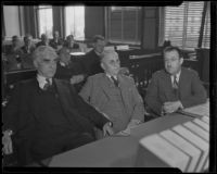 Joseph Scott, Atty. Gen. Webb, and Clyde C. Shoemaker at the Buron Fitts perjury trial, Los Angeles, 1936