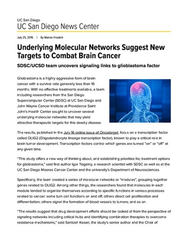 Underlying Molecular Networks Suggest New Targets to Combat Brain Cancer