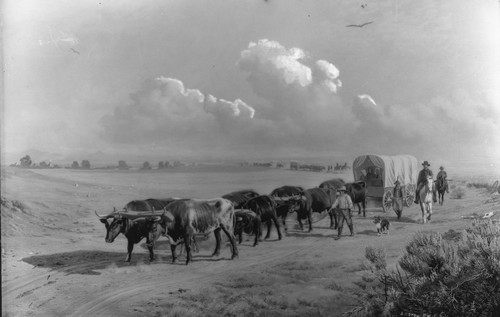 Photograph of the canvas "Crossing the Plains" on an easel