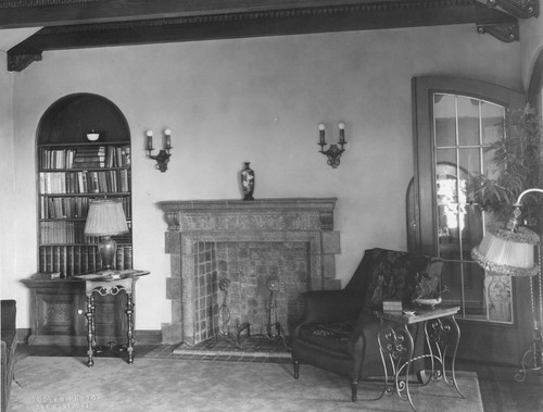 Abrams residence, interior view of living room with fireplace