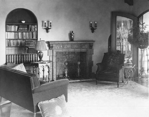 Abrams residence, interior view of living room with fireplace