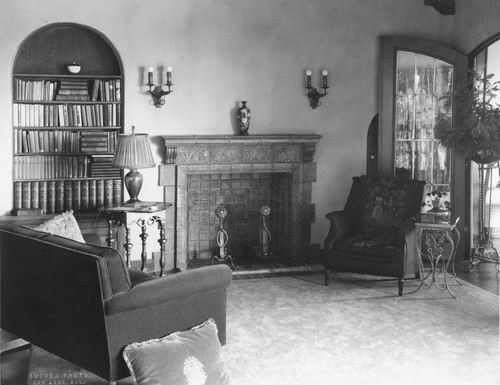 Abrams residence, interior view of living room with fireplace