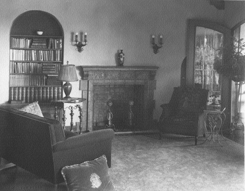 Abrams residence, interior view of living room with fireplace