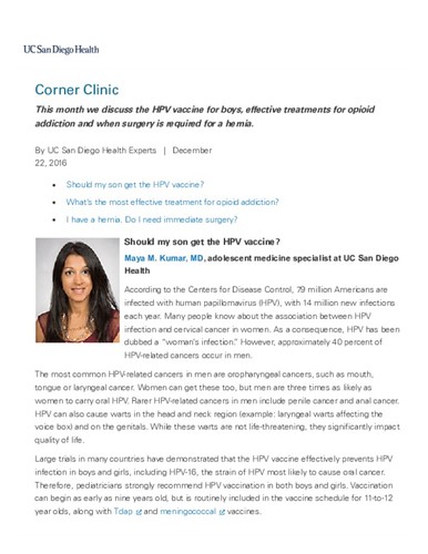 Corner Clinic: Experts Answer Your Health Questions - Dec 2016