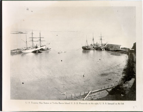 U.S.Training Ship Station at Yerba Buena Island; U.S.S. Intrepid on the left