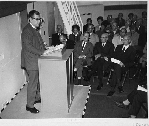 Harold Brown addressing the guests at the dedication of the 60-inch telescope, Palomar Observatory