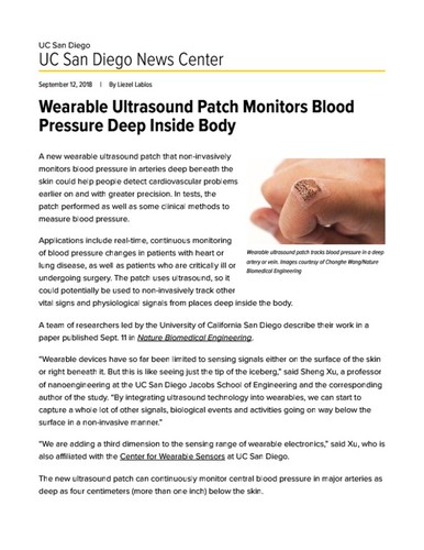 Wearable Ultrasound Patch Monitors Blood Pressure Deep Inside Body