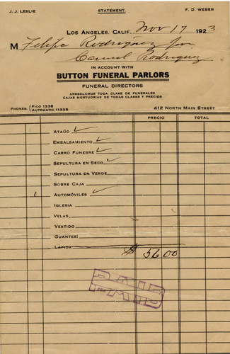 Account statement from Button Funeral Parlors