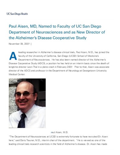 Paul Aisen, MD, Named to Faculty of UC San Diego Department of Neurosciences and as New Director of the Alzheimer’s Disease Cooperative Study