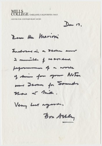 Letter to Tom Marioni from Robert Ashley (Notes and Scores for Sounds)