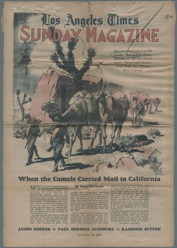 Photograph of 1st page of Los Angeles Times Sunday Magazine story about Drum Barracks, "When Camels Carried Mail to California," by Basil Heathcote, 1930