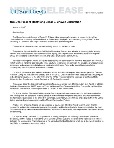 UCSD to Present Monthlong César E. Chávez Celebration