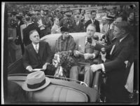 President Franklin D. Roosevelt speaks to reporters at the Los Angeles Memorial Coliseum, October 1, 1935