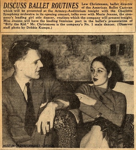 Press clipping with image of Lew Christensen and Marie-Jeanne with heading "Discuss Ballet Routines"