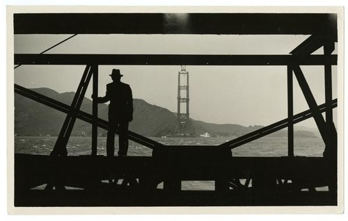 Golden Gate Bridge construction, looking across the Golden Gate