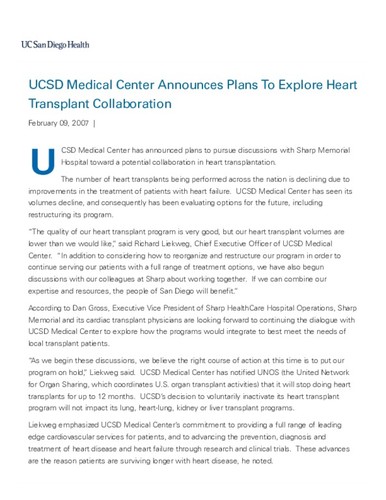 UCSD Medical Center Announces Plans To Explore Heart Transplant Collaboration